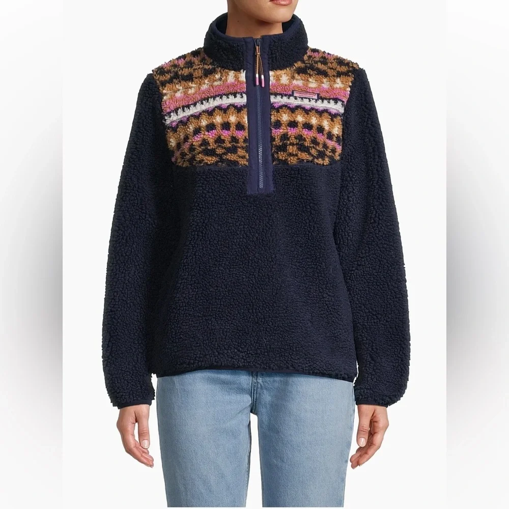 Vineyard Vines Size MEDIUM Fair Isle Sherpa Fleece Half Zip Pullover Sweatshirt - Picture 2 of 12